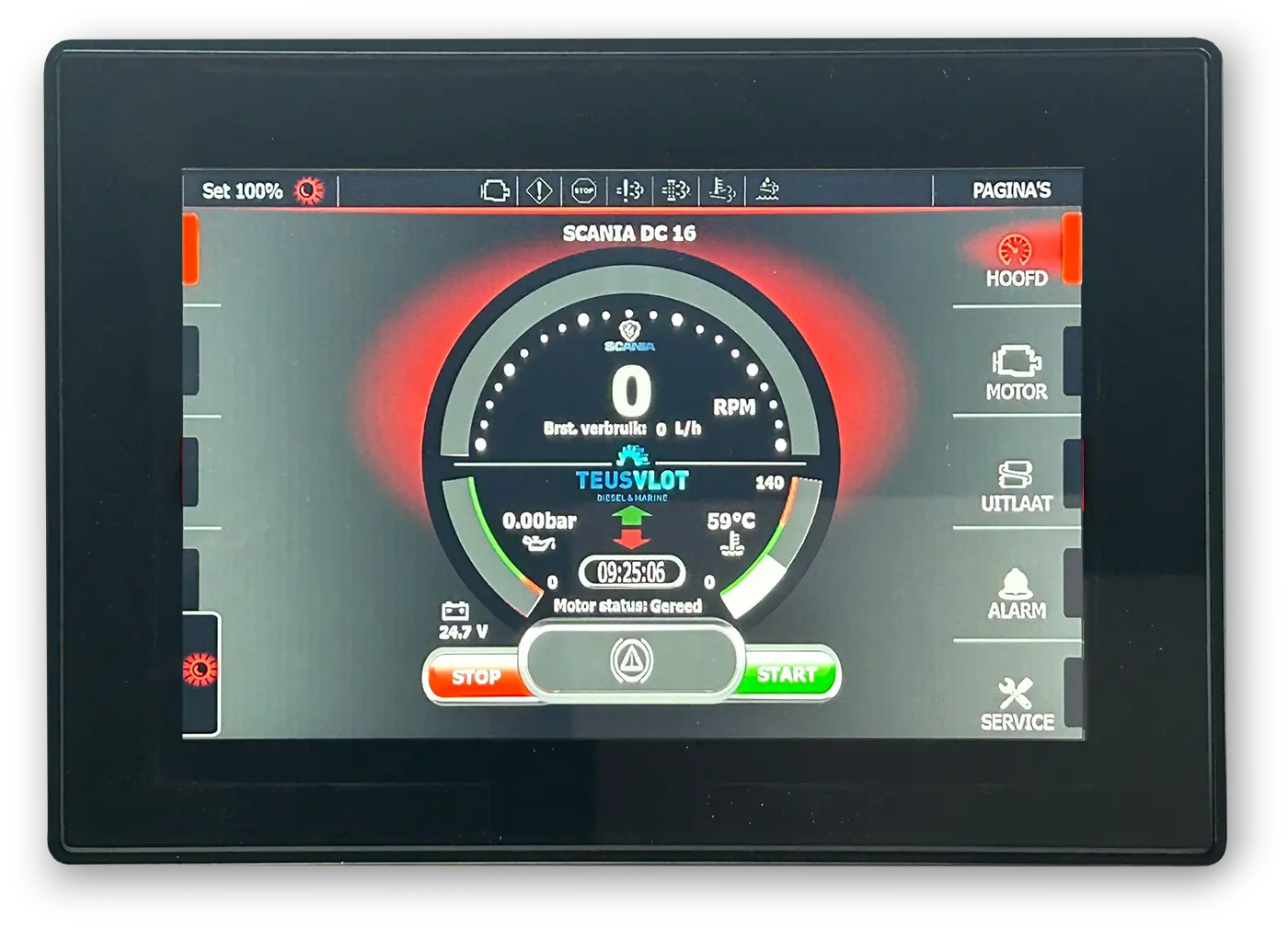 motormanagement- en emissiemonitoringsscherm van een Stage V dieselmotor